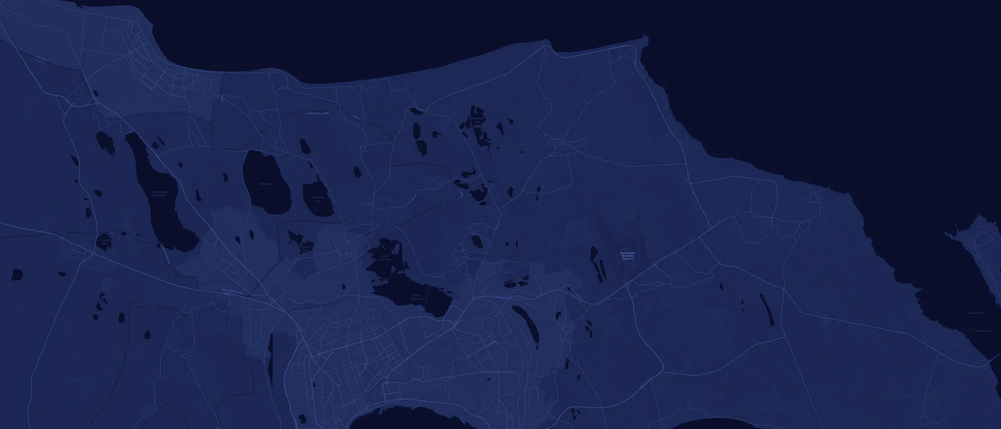 Dark map of the Absheron peninsula around Baku with White City and Sea Breeze highlighted at their real locations